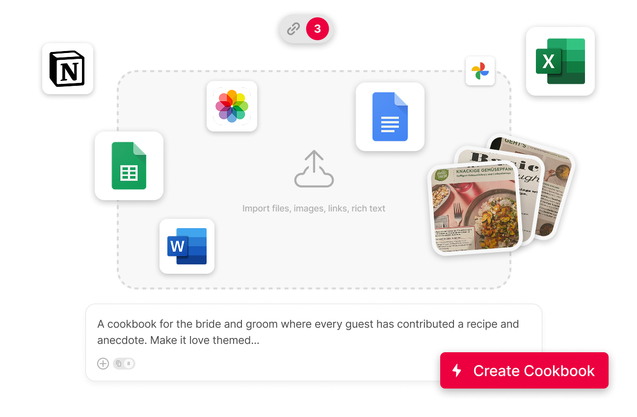 Visual showing easy import from Notion, Docs, Sheets, Excel, Word, Photos